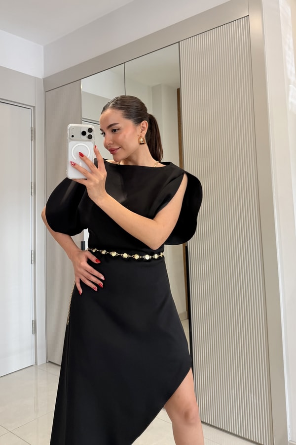 Kendall Siyah Premium Asimetrik Elbise