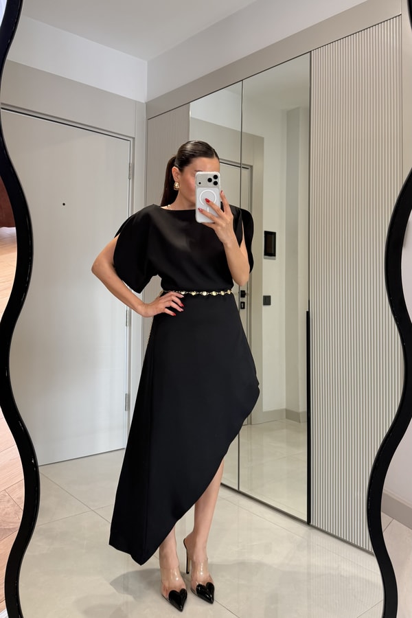 Kendall Siyah Premium Asimetrik Elbise