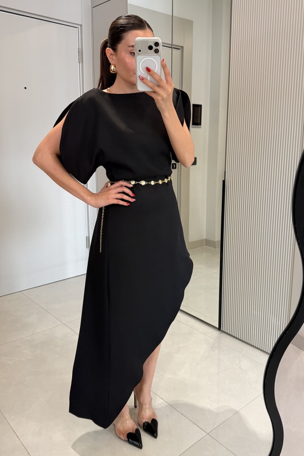 Kendall Siyah Premium Asimetrik Elbise