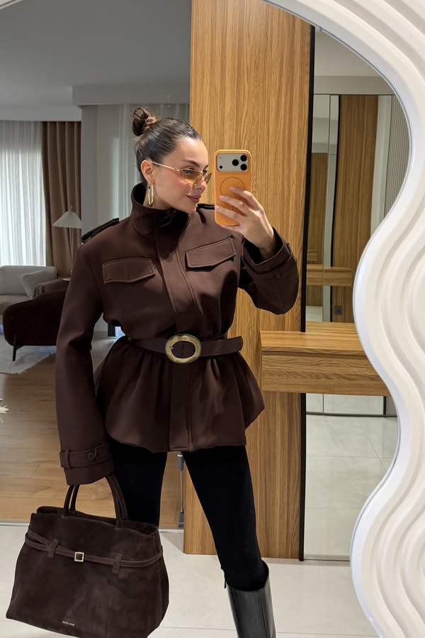 Keych Kahve Bel Lastikli Premium Ceket