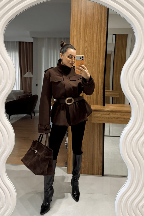 Keych Kahve Bel Lastikli Premium Ceket