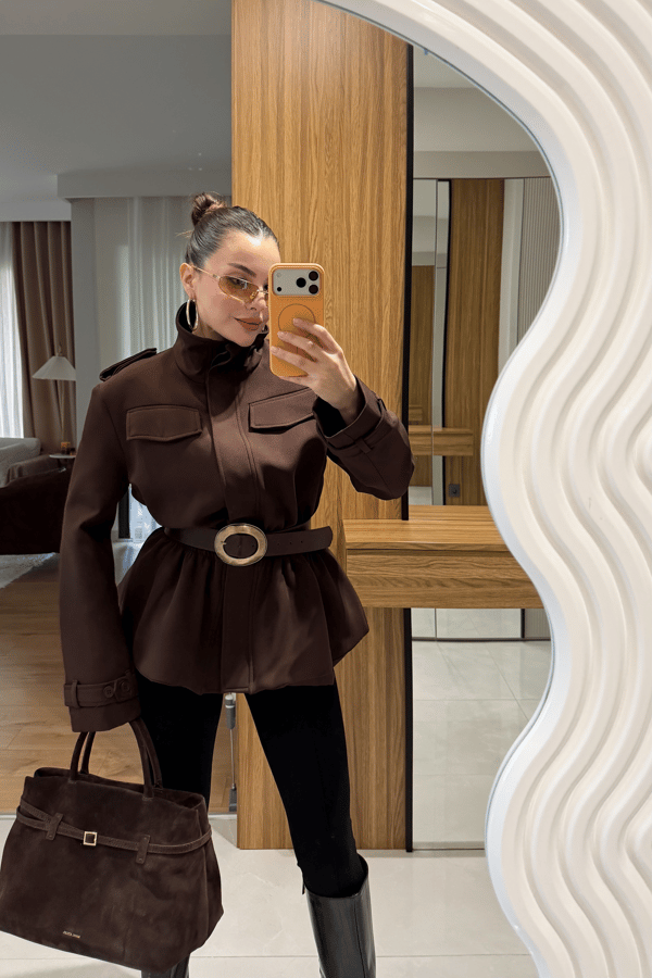 Keych Kahve Bel Lastikli Premium Ceket