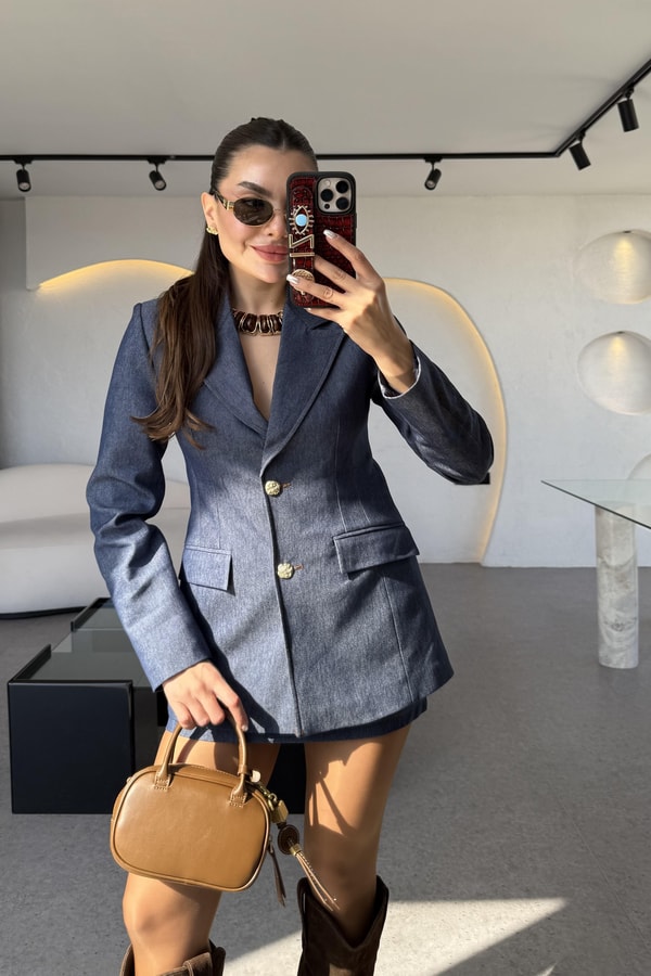 Kiana Gold Düğmeli Denim Efektli Takım