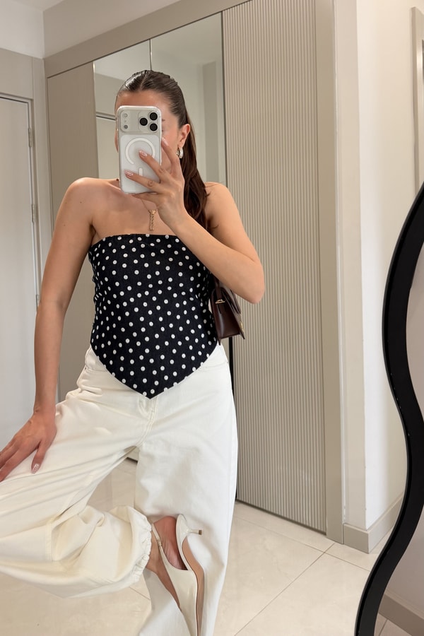 Kidney Puantiye Desen Denim Fular Bluz