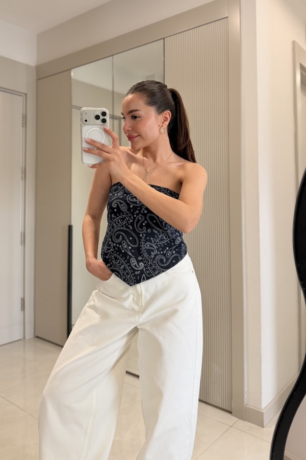 Kidney Şal Desen Denim Fular Bluz