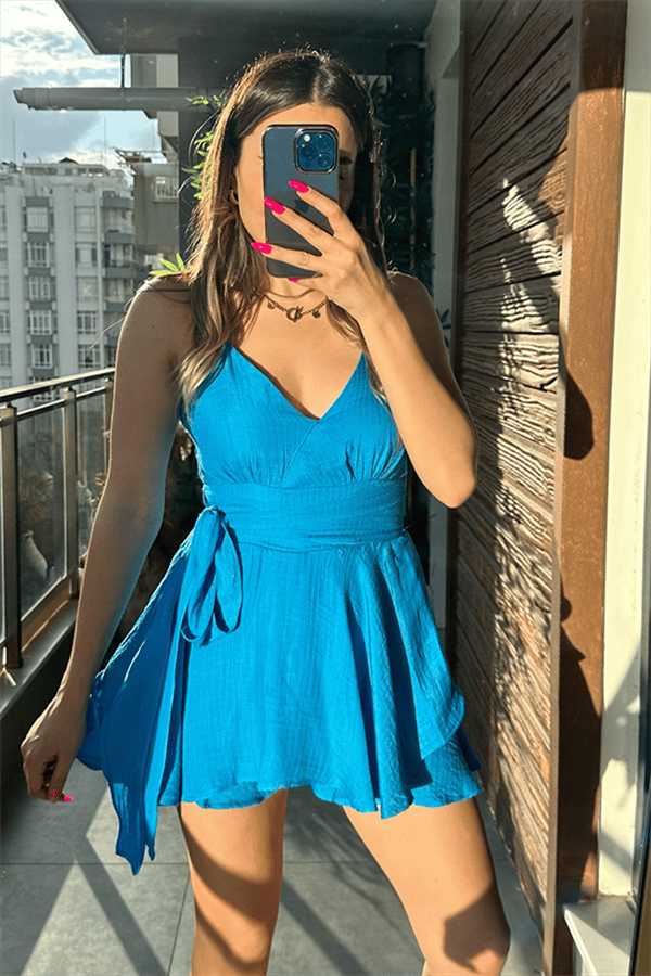 Kiki bel kuşak detaylı şort tulum - Mavi