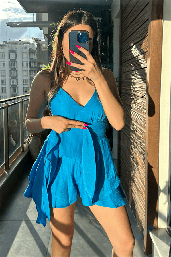 Kiki bel kuşak detaylı şort tulum - Mavi