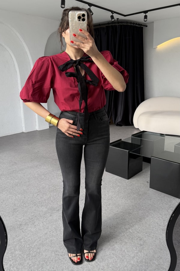 Kintana Bordo Bağlamalı Poplin Bluz