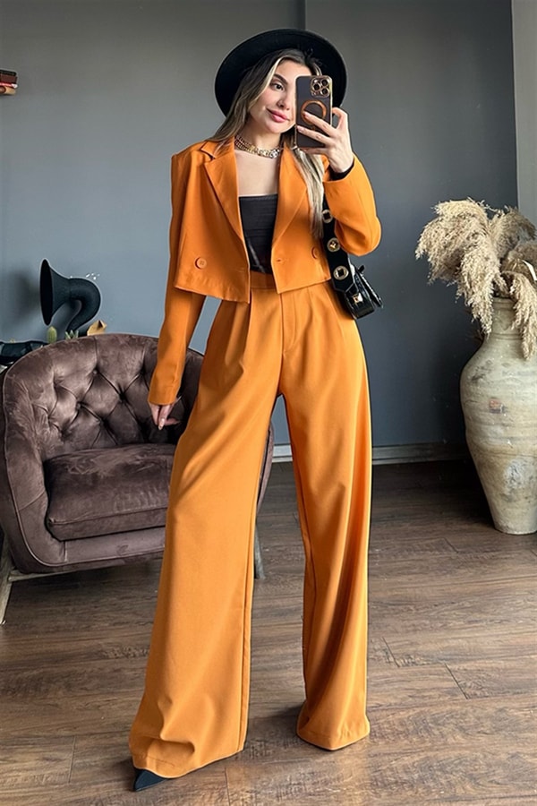 Kiremit renk wide leg palazzo pantolon