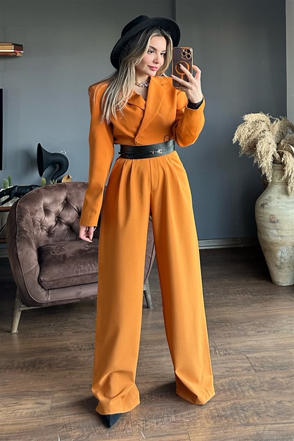 Kiremit renk wide leg palazzo pantolon