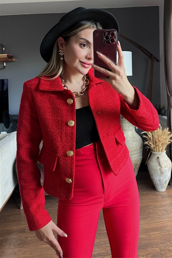 Kırmızı gold düğmeli tüvit blazer ceket