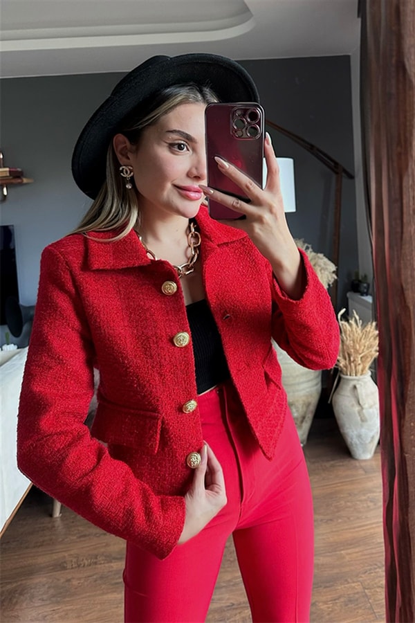 Kırmızı gold düğmeli tüvit blazer ceket