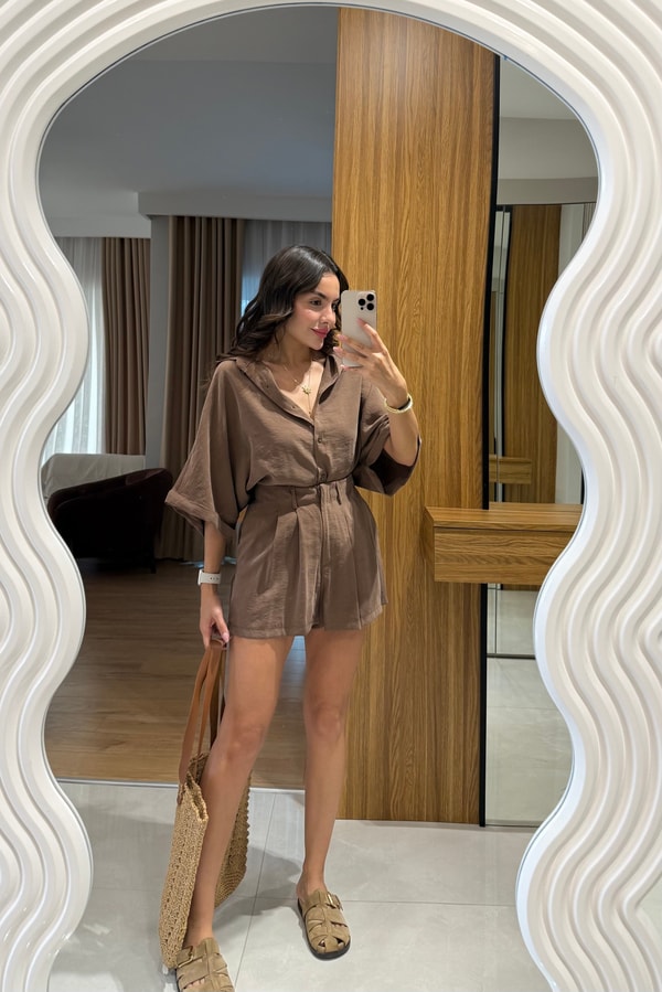 Klara Kahverengi Tensel Şort Gömlek Takım