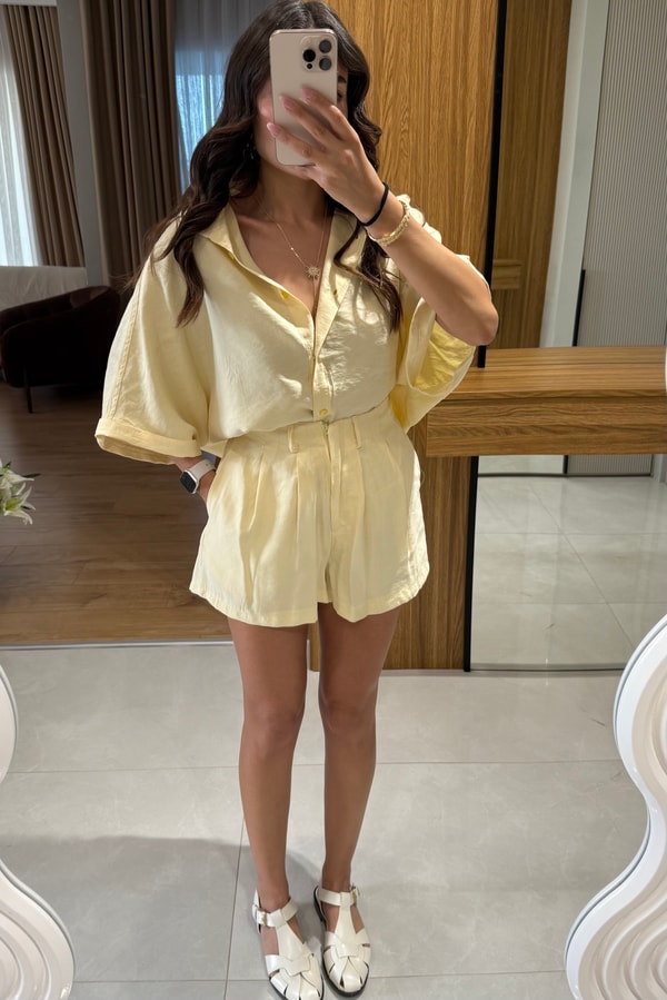 Klara Sarı Tensel Şort Gömlek Takım