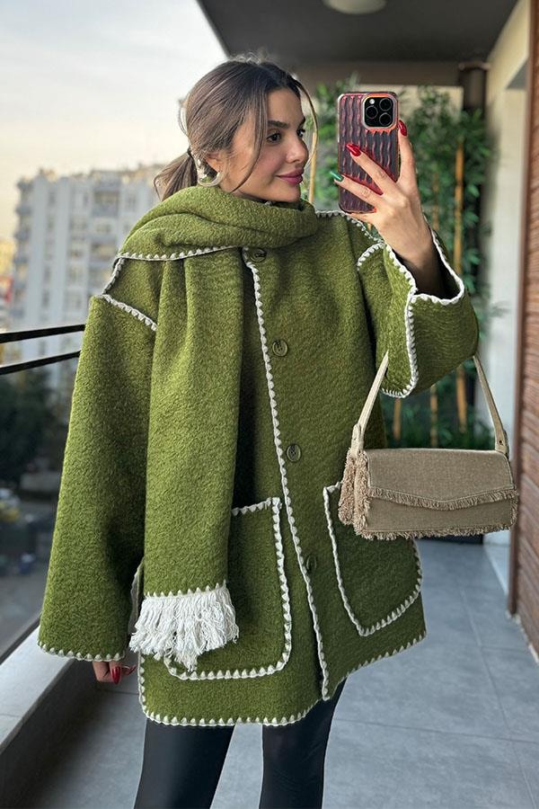 Kloch Kendinden Atkılı Premium Kaşe Kaban - Fıstık Yeşil