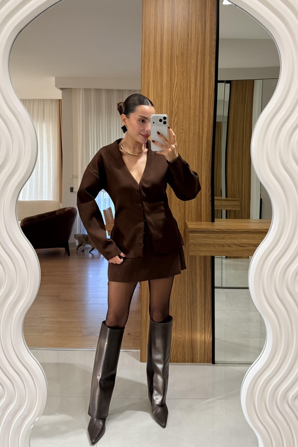 Knit Acı Kahve Belden Oturtmalı Triko Takım