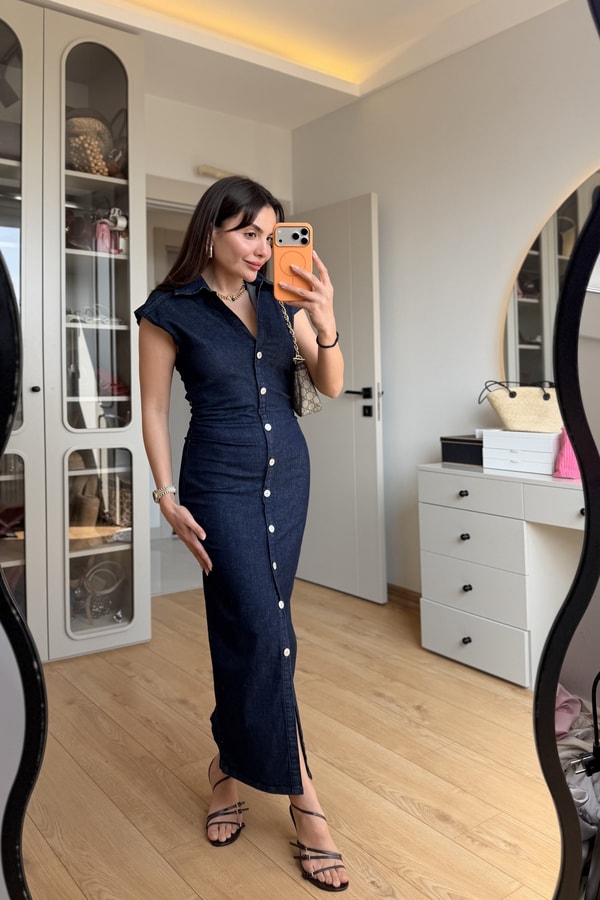Kowski Darkblue Belden Oturmalı Denim Elbise