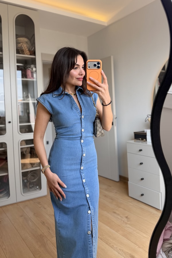 Kowski Lightblue Belden Oturmalı Denim Elbise