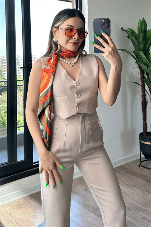 Krem rengi crop yelek