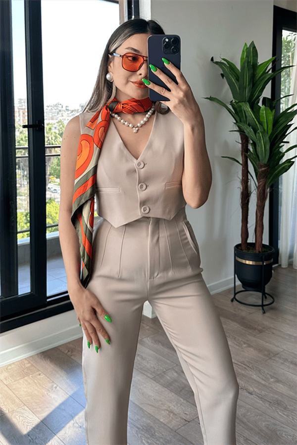 Krem rengi crop yelek