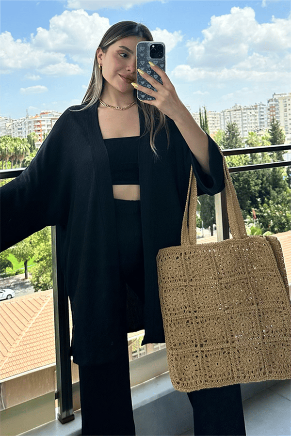 Kylo gofre kumaş kimonolu takım - Siyah