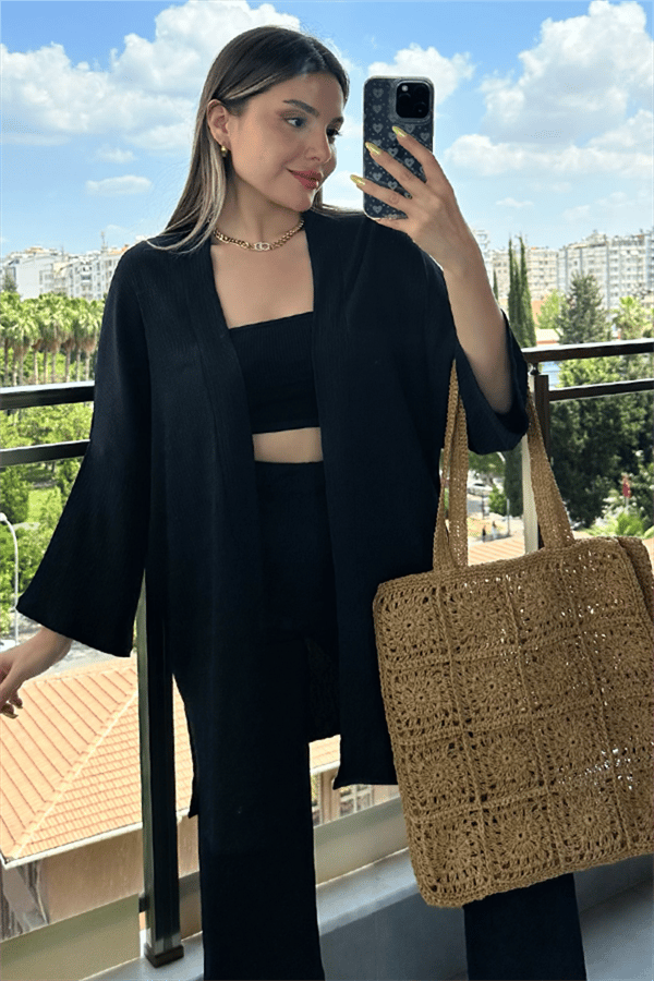 Kylo gofre kumaş kimonolu takım - Siyah
