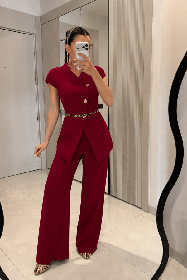 Lacerta Bordo Gold Düğmeli Kemerli Premium Takım