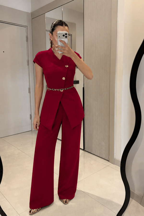 Lacerta Bordo Gold Düğmeli Kemerli Premium Takım