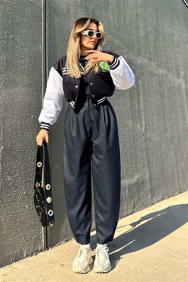 Lacivert çizgili slouchy pantolon