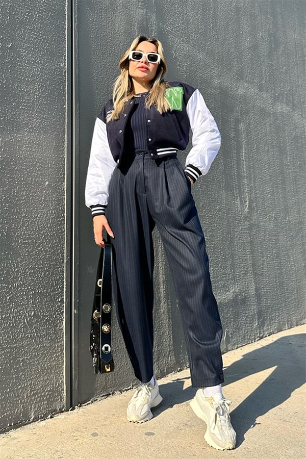 Lacivert çizgili slouchy pantolon