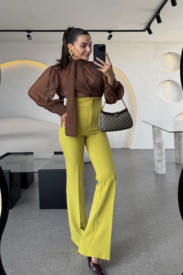 Ladies Ultra Yüksek Bel Yağ Yeşili İspanyol Pantolon