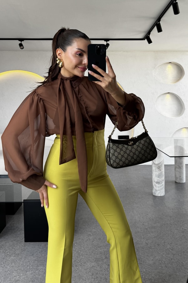 Ladies Ultra Yüksek Bel Yağ Yeşili İspanyol Pantolon