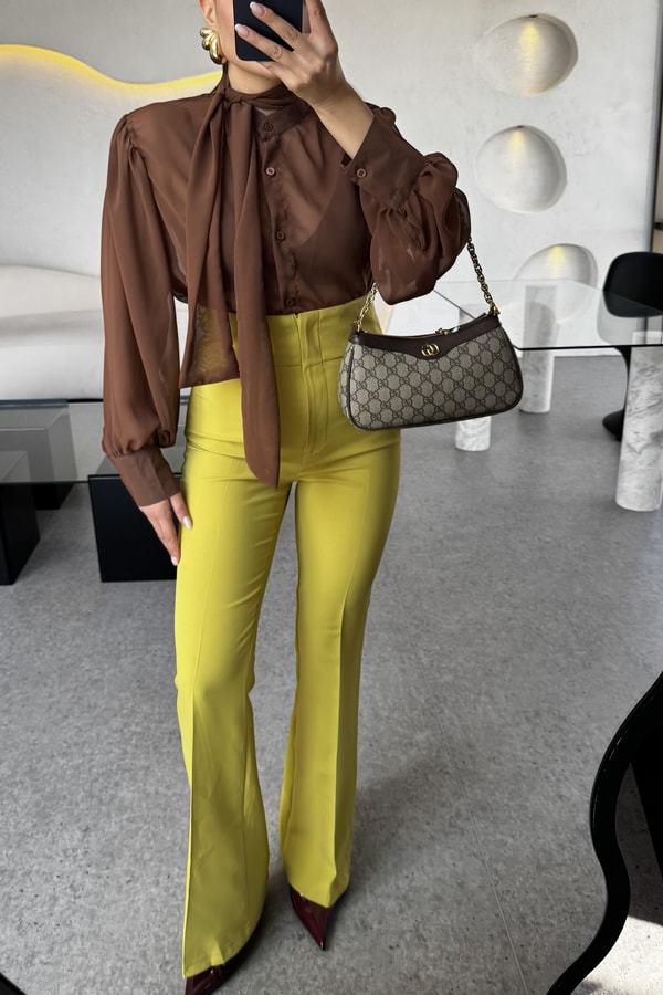 Ladies Ultra Yüksek Bel Yağ Yeşili İspanyol Pantolon