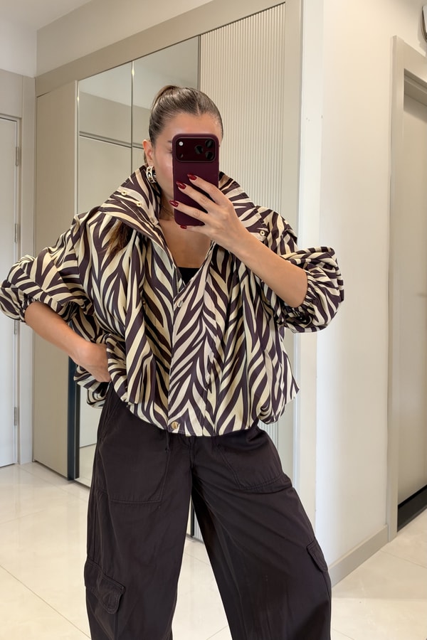 Laina Zebra Desenli Dik Yaka Fermuarlı Ceket