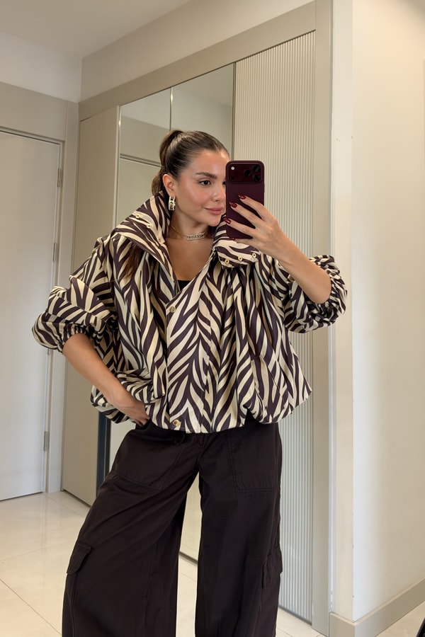 Laina Zebra Desenli Dik Yaka Fermuarlı Ceket