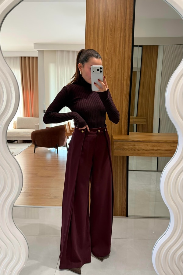 Lalin Bordo Yandan Düğme Detaylı Pantolon