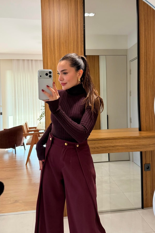 Lalin Bordo Yandan Düğme Detaylı Pantolon
