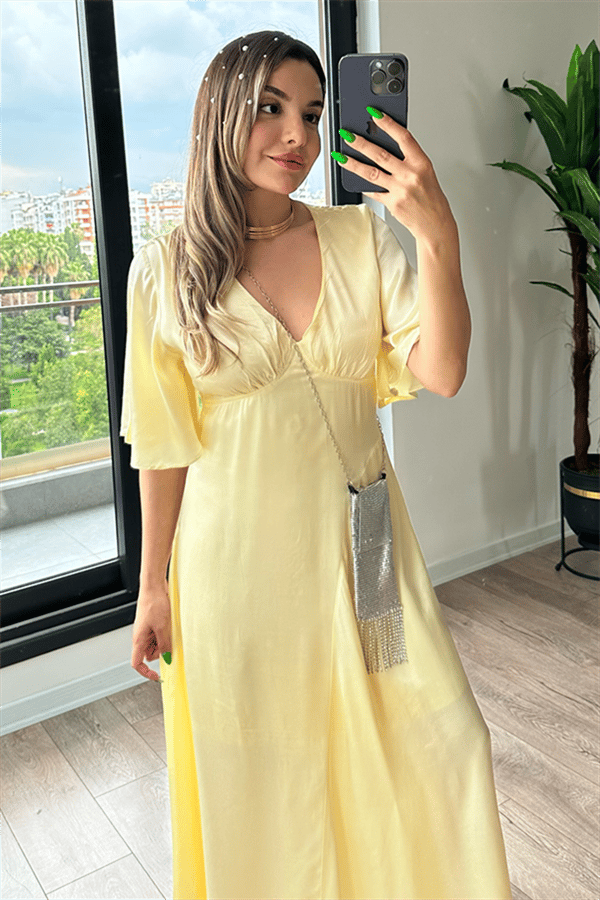 Lamia sarı saten elbise