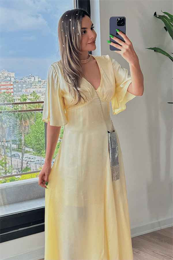 Lamia sarı saten elbise