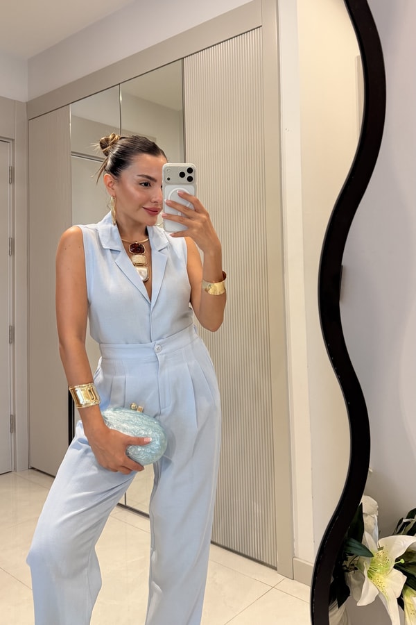 Lamode Mavi Keten Yelek Pantolon Takım