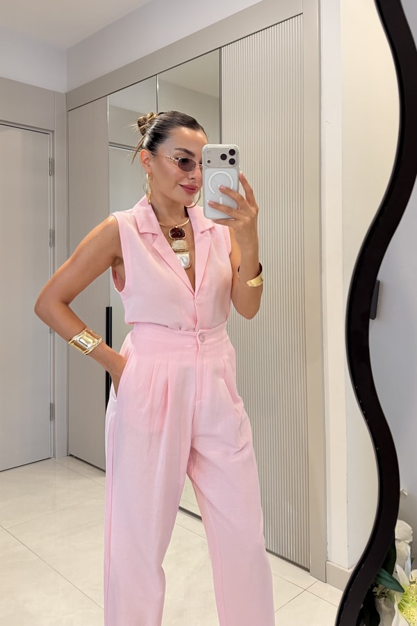 Lamode Pembe Keten Yelek Pantolon Takım