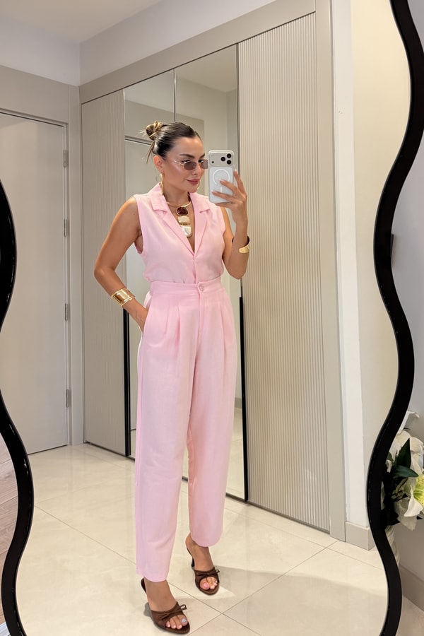 Lamode Pembe Keten Yelek Pantolon Takım