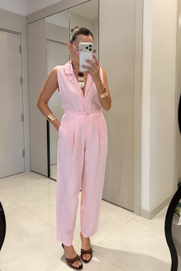Lamode Pembe Keten Yelek Pantolon Takım