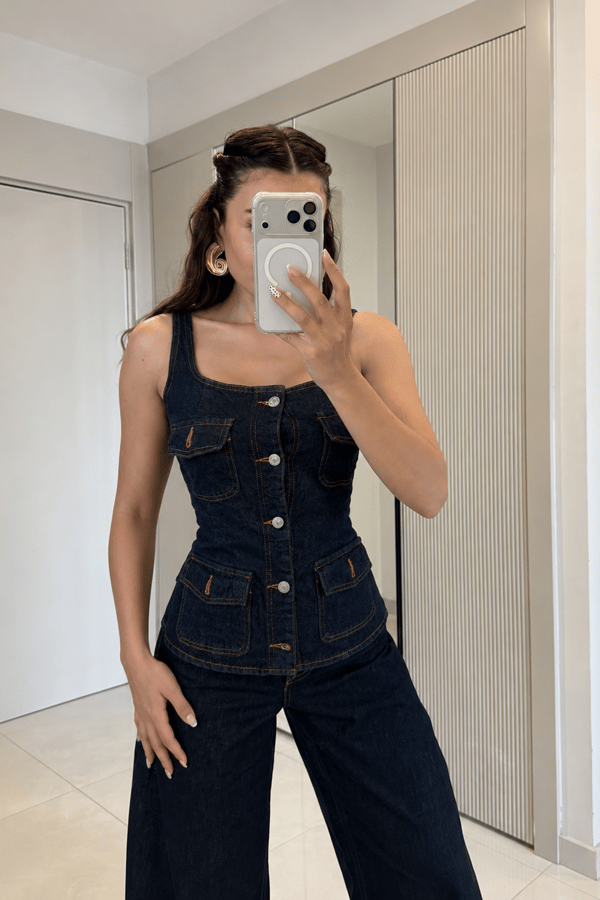Lance Darkblue Denim Kare Yaka Yelek