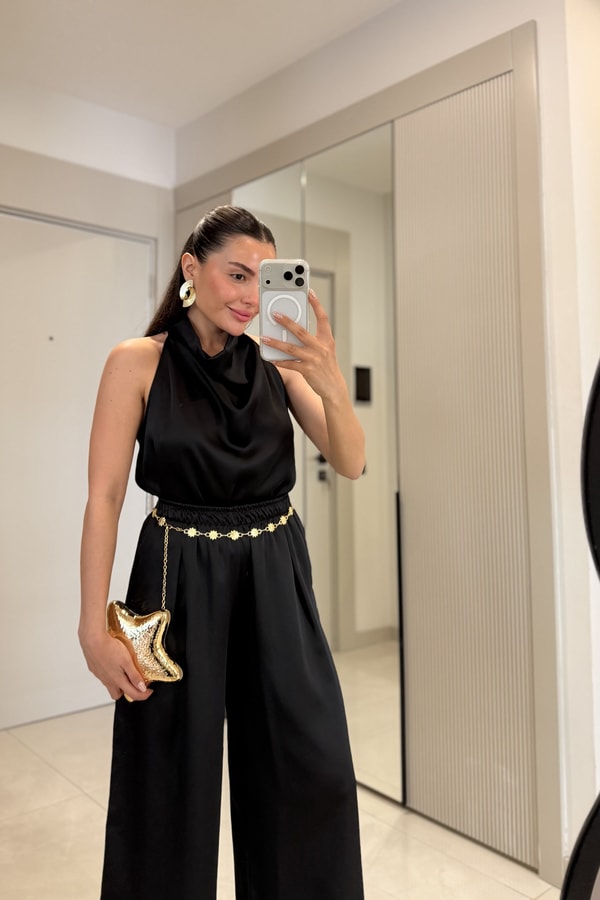 Larissa Siyah Degaje Yaka Saten Takım
