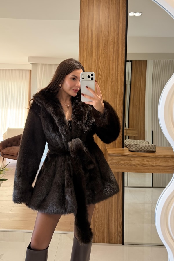 Lauder Kahve Kuşaklı Premium Kürk