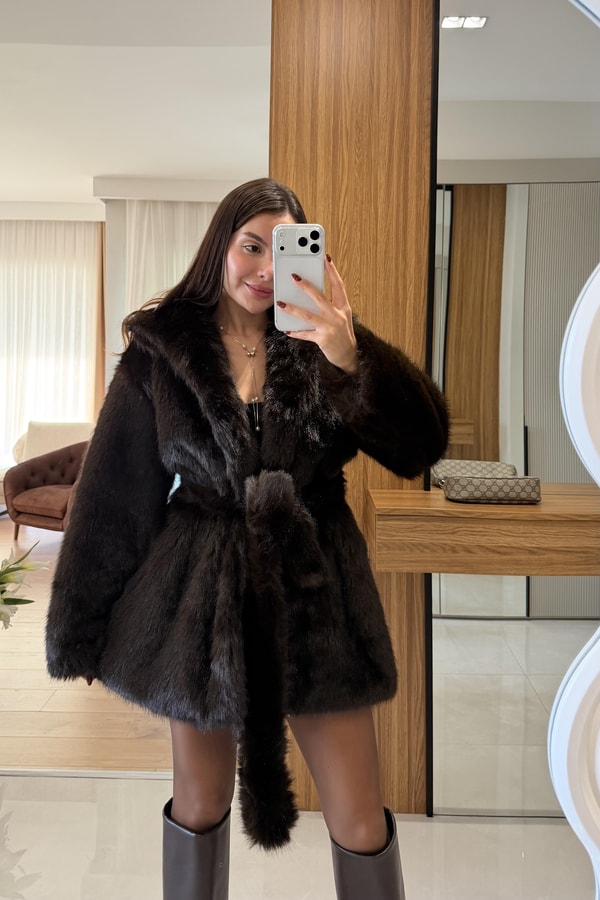Lauder Kahve Kuşaklı Premium Kürk