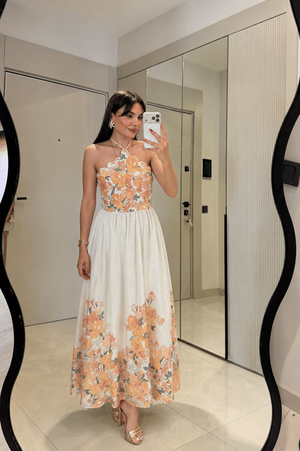Lauretta Turuncu Çiçek Desenli Tasarım Maxi Elbise