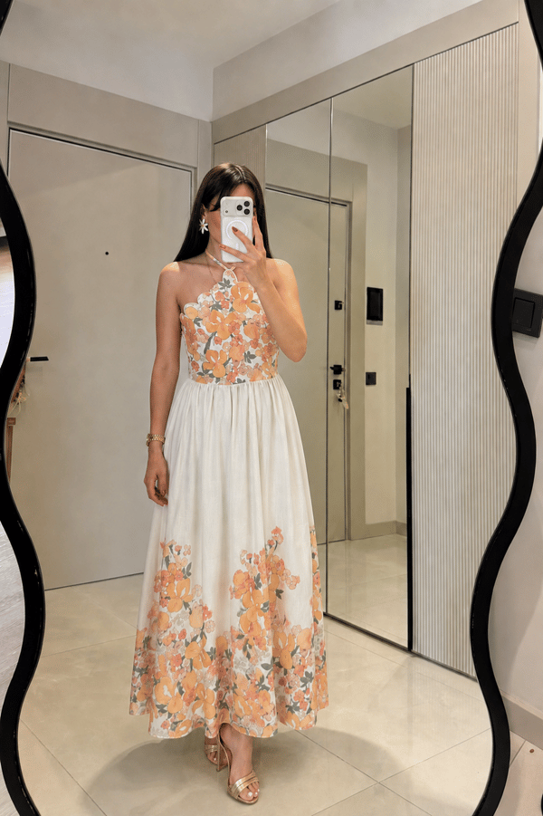 Lauretta Turuncu Çiçek Desenli Tasarım Maxi Elbise