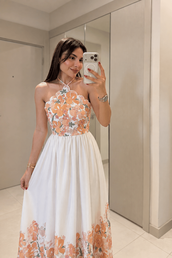 Lauretta Turuncu Çiçek Desenli Tasarım Maxi Elbise